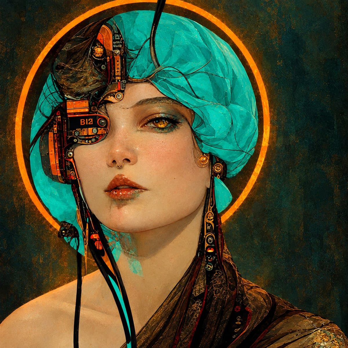 A digital painting of a woman with a teal headscarf and a mechanical cybernetic implant over her right eye, framed by a glowing orange halo against a dark background.