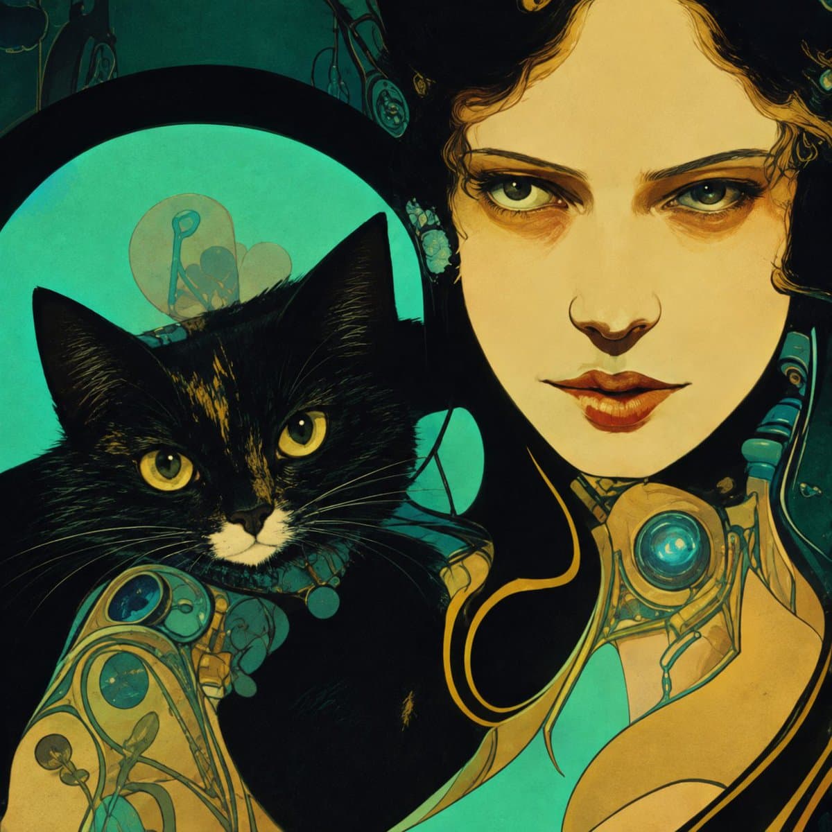 A stylized digital illustration in an Art Nouveau style featuring a woman with dark hair and a black cat with yellow eyes. The woman wears ornate, teal and gold jewelry and clothing, and the cat is adorned with a matching collar. The background is a deep teal with decorative, organic patterns.