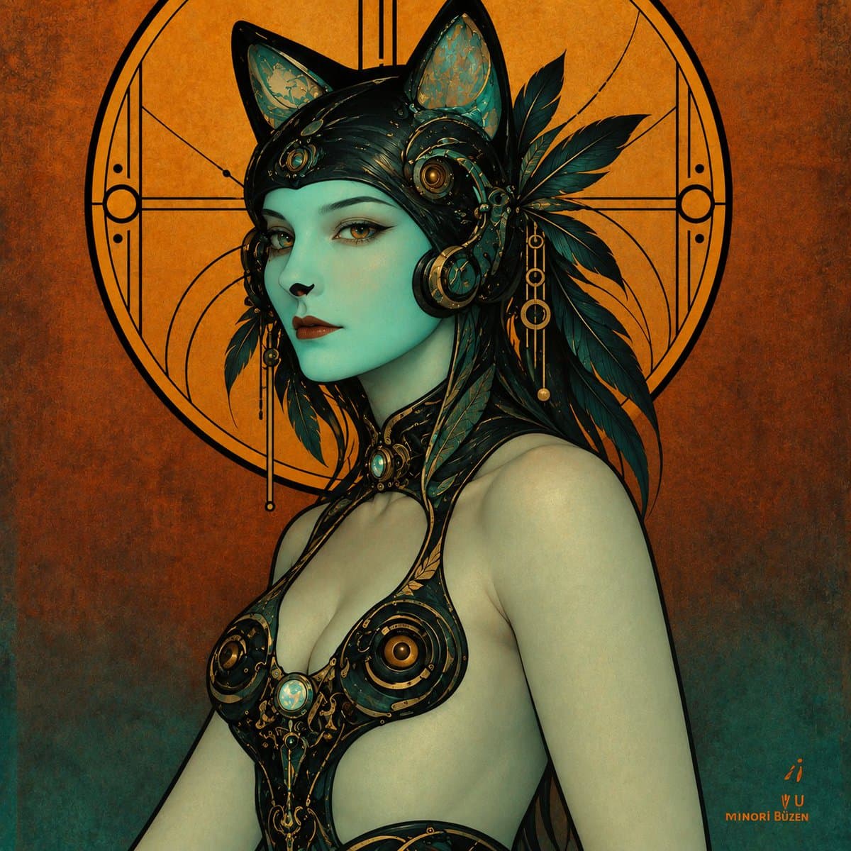 A digital illustration of a woman with teal skin and cat ears, wearing ornate, steampunk-style headgear and a matching bodice. She is set against a textured orange background featuring a large, circular geometric design. The artist's signature, 'MINORI BÜZEN', is visible in the bottom right corner.