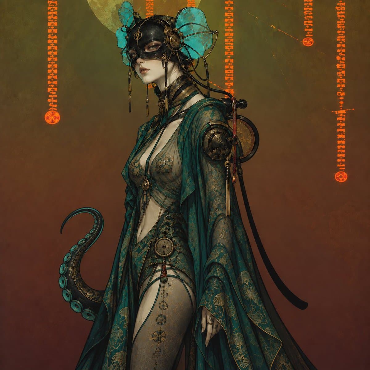 A digital fantasy illustration of a woman in ornate teal and gold steampunk-inspired attire, featuring a mechanical butterfly headdress, a mask, and an octopus tentacle. The background is a warm gradient with vertical columns of glowing orange symbols.