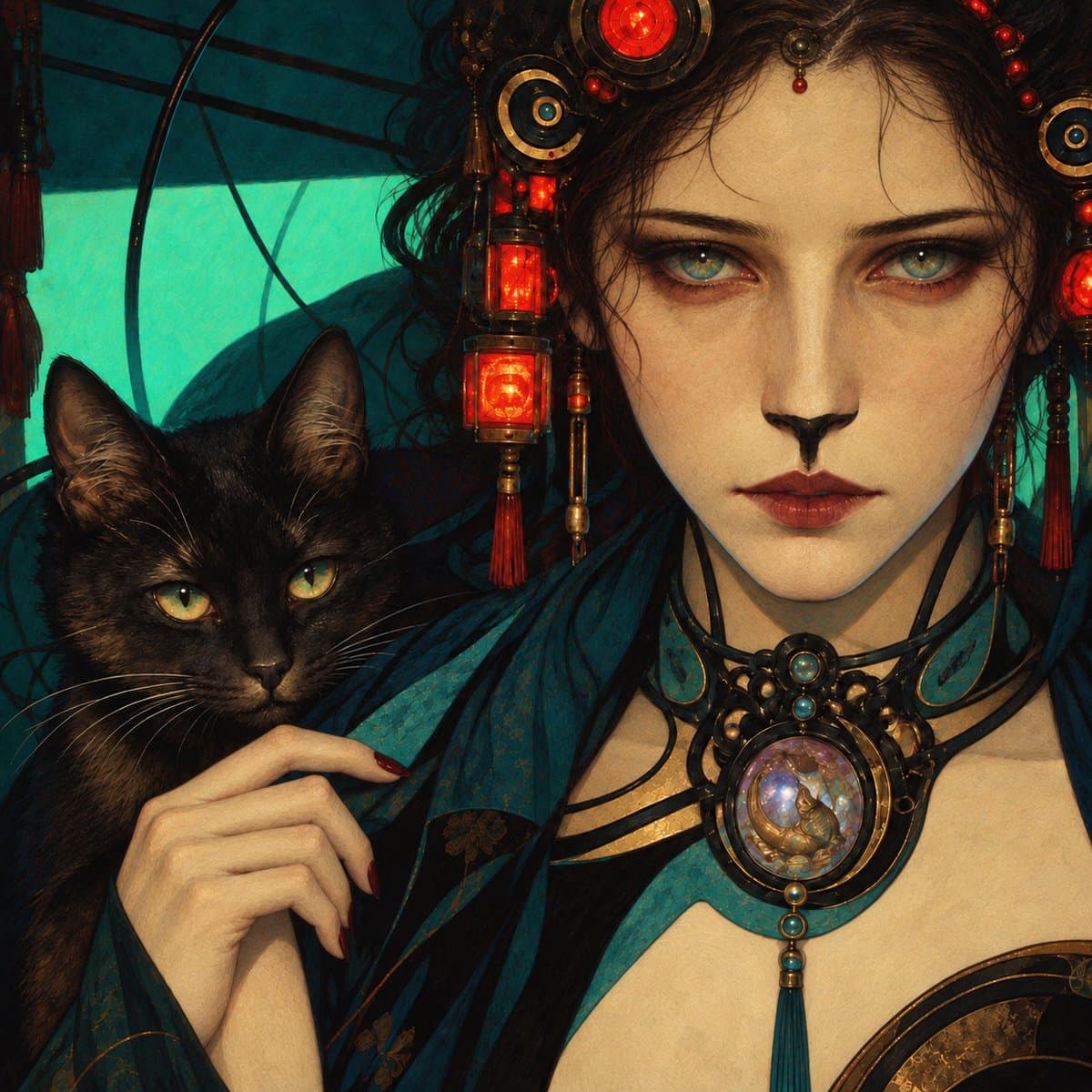 A digital fantasy illustration depicting a woman with cat-like facial markings and elaborate, steampunk-inspired headwear, holding a black cat. The artwork features a rich color palette of teal, red, and gold, with intricate details on the character's ornate jewelry and clothing.