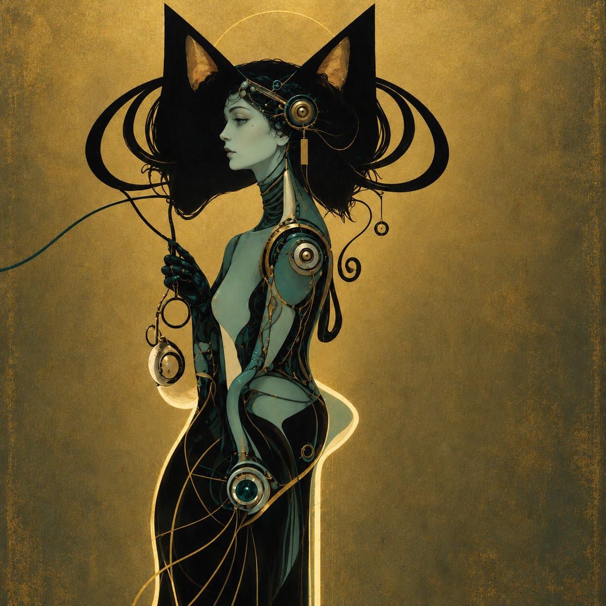 A digital illustration of a stylized, androgynous figure with cat ears and mechanical, steampunk-inspired elements integrated into their body and hair, set against a textured gold background. The figure is shown in profile, holding a thin cord with small mechanical ornaments.