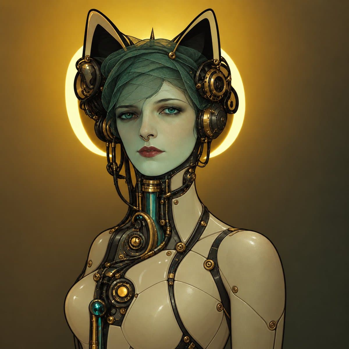 A digital illustration of a humanoid figure with a pale, mechanical body and a human-like face, featuring green hair, cat ears, and intricate steampunk-style gears and tubing integrated into its head and torso. The figure is set against a warm, golden background with a glowing circular halo behind its head.