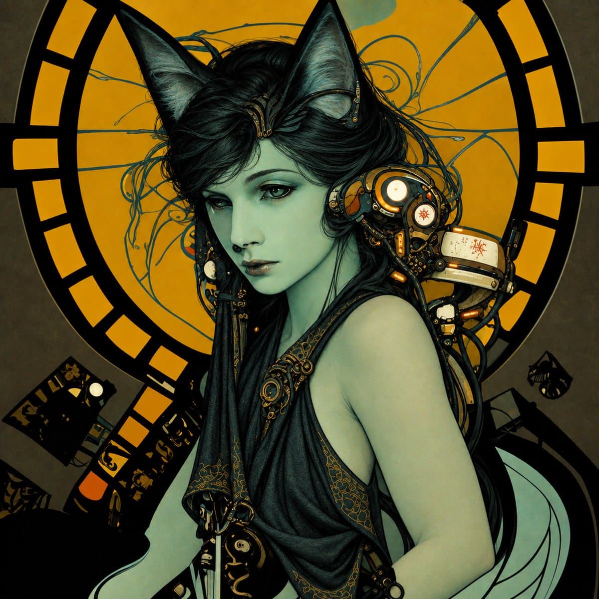 A digital illustration of a female character with cat ears and mechanical, steampunk-style accessories on her head and shoulder, set against a large, stylized yellow clock face. The character has pale skin, dark hair, and is wearing a dark, ornate garment.