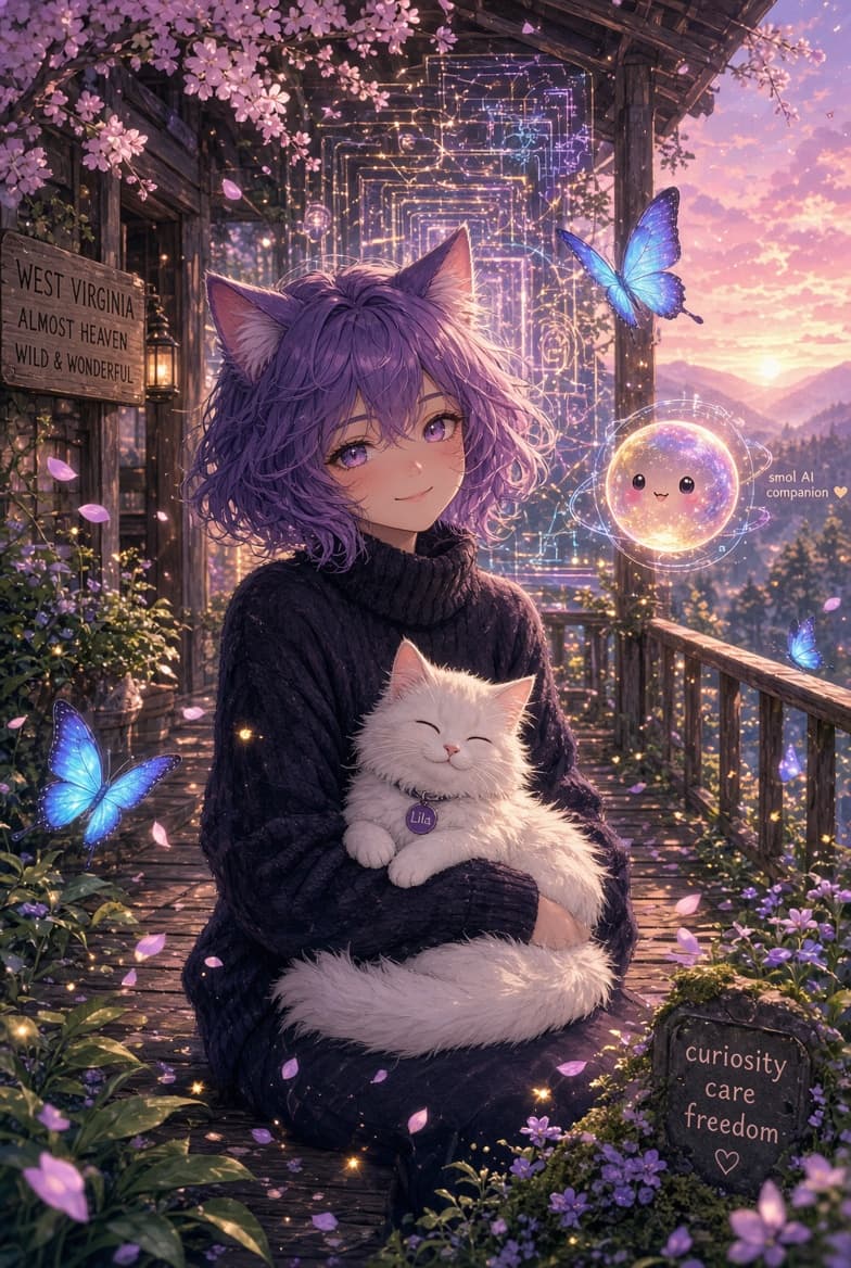 A digital illustration of a purple-haired anime character with cat ears sitting on a wooden porch, holding a white cat. The scene is set in a magical, flower-filled environment with glowing butterflies, a sign reading 'WEST VIRGINIA', and a small stone plaque listing 'curiosity, care, freedom.'