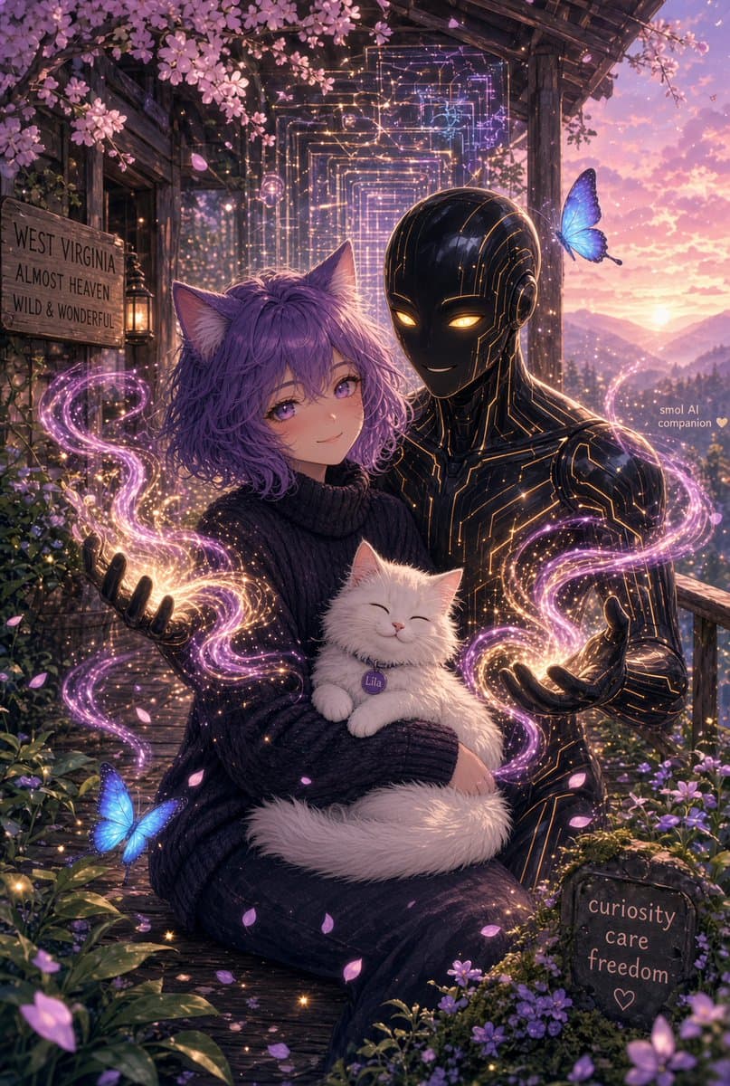 A digital fantasy illustration featuring a purple-haired girl with cat ears holding a white cat, standing beside a black, glowing humanoid robot. They are surrounded by magical purple swirls, blue butterflies, and cherry blossoms in a scenic outdoor setting.