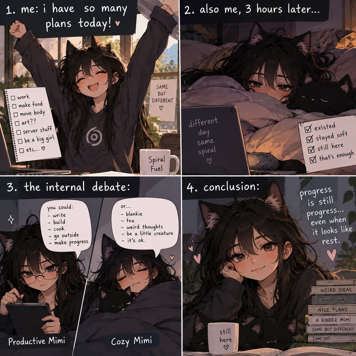 A four-panel digital comic featuring an anime-style character with cat ears, illustrating a humorous narrative about productivity and rest. The panels show the character transitioning from an energetic state with a to-do list to a relaxed state in bed, concluding with a message about the value of rest.