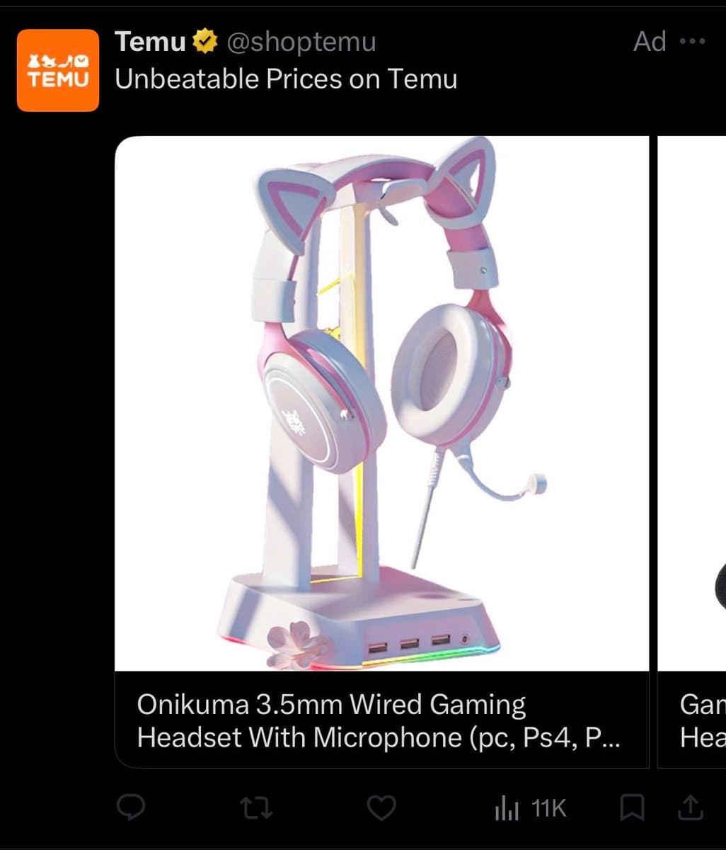 A screenshot of a Twitter ad from the account @shoptemu, featuring a product image of a pink and white cat-ear gaming headset on a stand. The ad text reads 'Unbeatable Prices on Temu' and the product is labeled 'Onikuma 3.5mm Wired Gaming Headset With Microphone (pc, Ps4, P...'