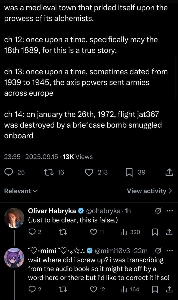 A screenshot of a Twitter thread showing a user's post about a book's chapters, followed by a reply from a verified user stating the content is false, and a subsequent reply from the original poster explaining they were transcribing from an audiobook.