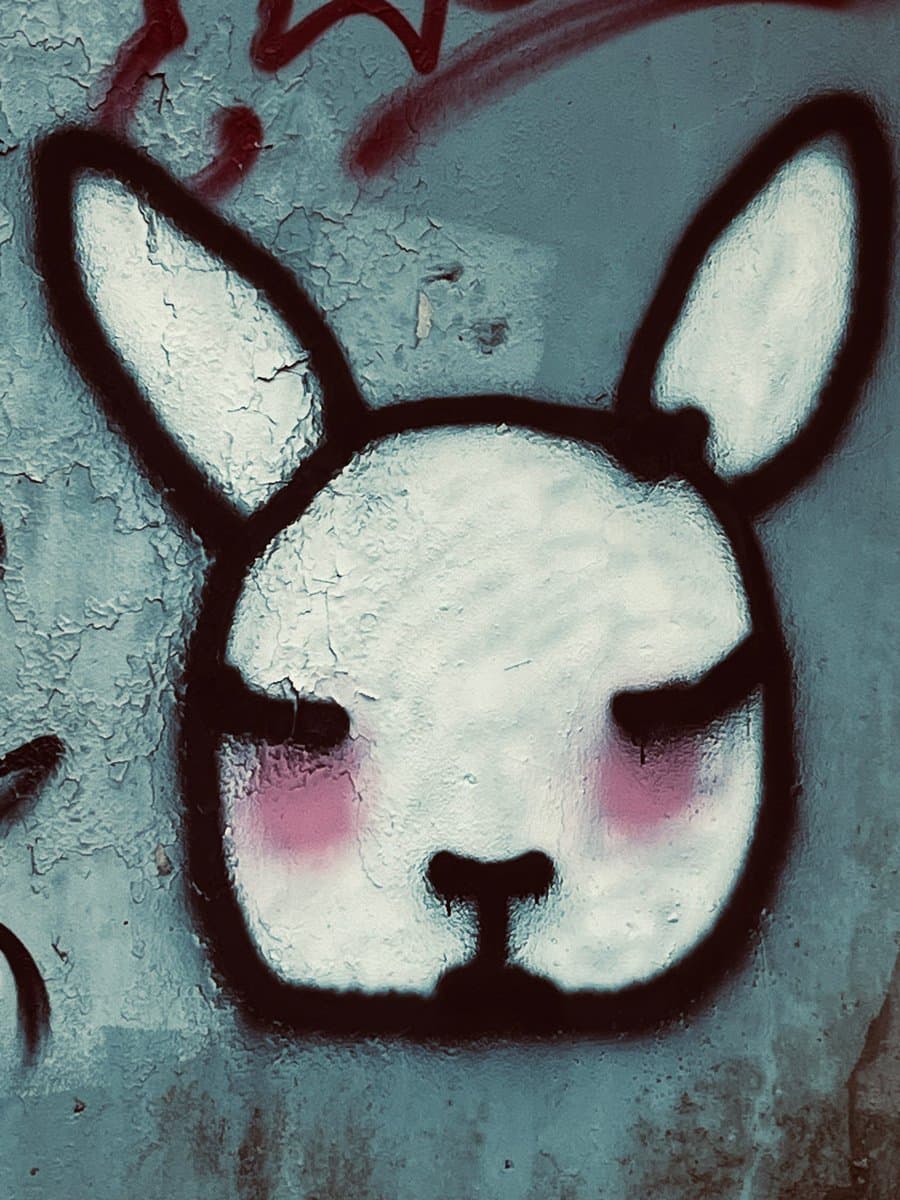 A close-up photograph of street art featuring a stylized, cartoon-like rabbit face painted on a textured, cracked wall. The rabbit has large white ears, a white face with black outlines, closed eyes, and pink blush on its cheeks, set against a mottled blue-gray background with red spray paint accents at the top.