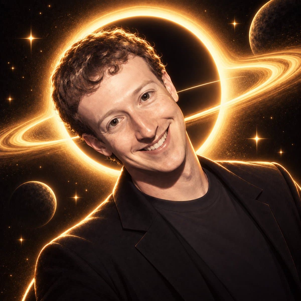 A portrait of a smiling man with curly hair wearing a black jacket, set against a cosmic background featuring a glowing golden ring, planets, and stars. The image appears to be a digitally edited or AI-generated photo with a space-themed aesthetic.