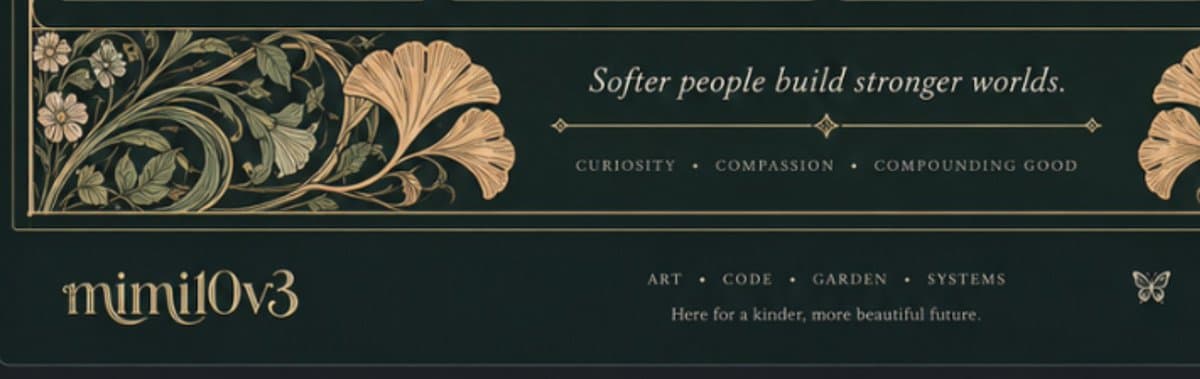 A decorative banner with a dark green background featuring ornate gold botanical illustrations on the left. The text reads "Softer people build stronger worlds" at the top, with the username "mimi10v3" in the bottom left corner.