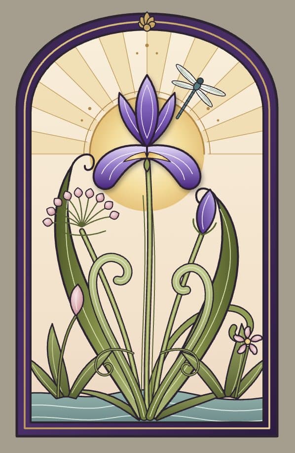 A digital illustration in an Art Nouveau style depicting a purple iris flower, a dragonfly, and other botanical elements within an arched, stained-glass-like frame.