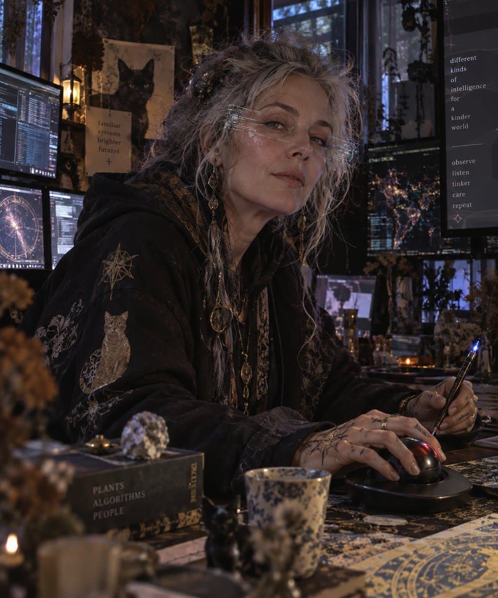 A woman with silver hair and futuristic glasses sits at a cluttered desk in a dimly lit, tech-filled room, operating a spherical computer mouse. The scene is decorated with books, a black cat poster, and multiple computer monitors displaying code and data. Text on a book in the foreground reads 'PLANTS ALGORITHMS PEOPLE', while a screen to the right displays the phrases 'different kinds of intelligence for a kinder world' and 'observe listen tinker care repeat'.