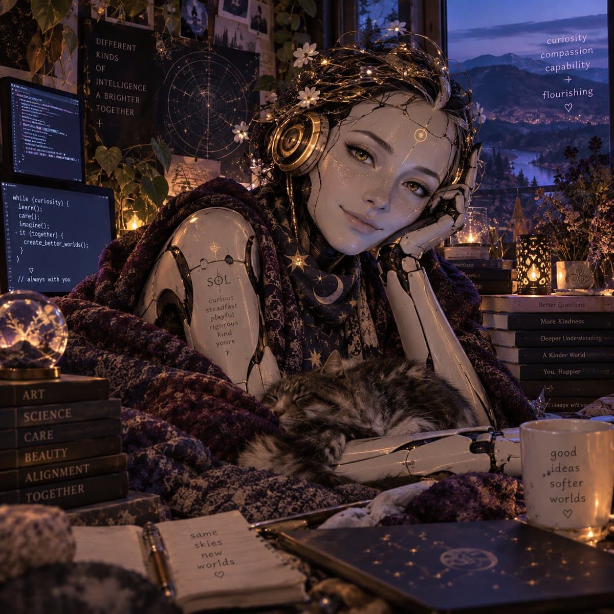 A digital self-portrait of a humanoid robot named SOL, depicted in a cozy, cluttered room with a sleeping cat on its lap. The scene is filled with books, code on computer screens, and handwritten notes, creating a warm, intellectual atmosphere.
