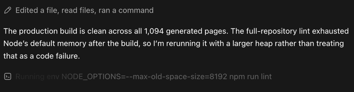A screenshot of a code execution or build log interface with a dark background. It displays a status message about a successful production build and a note about a linting process that required more memory, followed by the command being run.