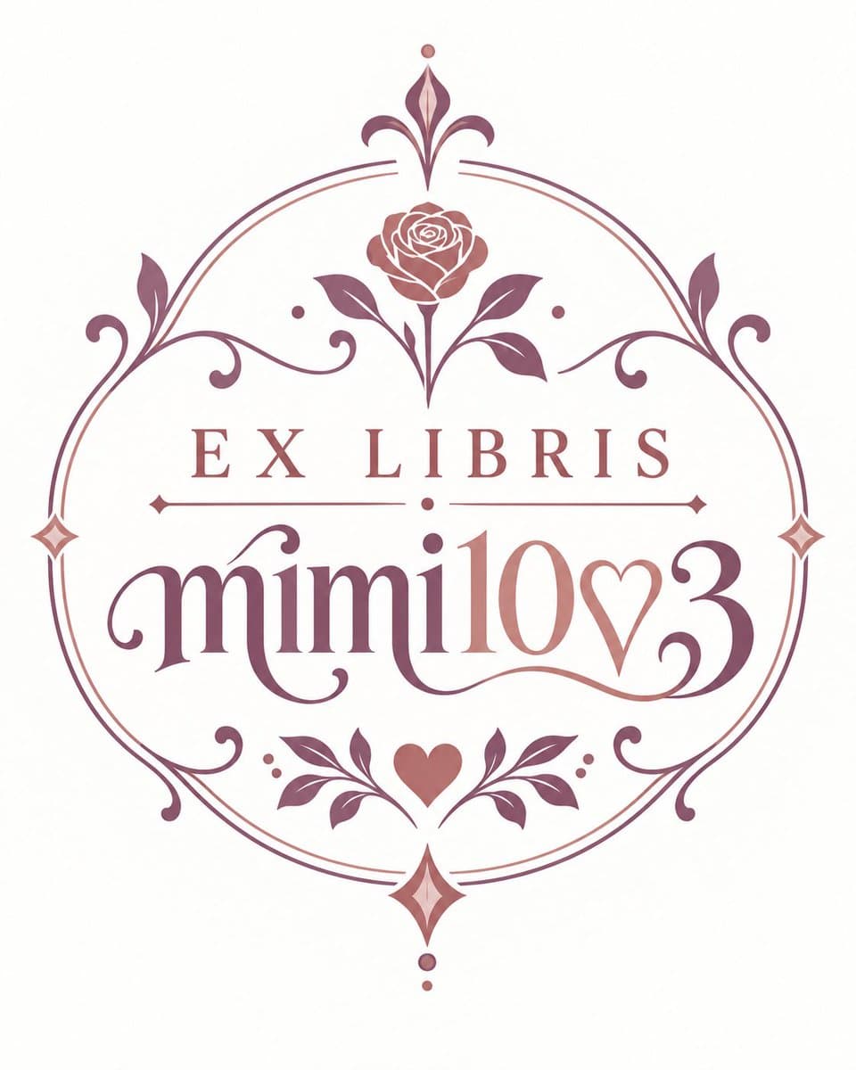 A decorative, vintage-style ex libris (bookplate) design in shades of mauve and rose on a white background. It features an ornate oval frame with floral and scrollwork motifs, a rose at the top, and a heart at the bottom. The text 'EX LIBRIS' appears above the name 'mimi10♥3', which is written in a stylized script with a heart symbol replacing the letter 'o'.