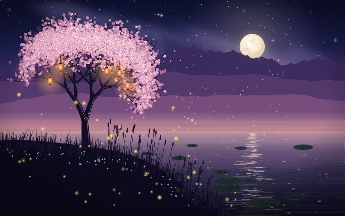 A digital illustration of a serene night landscape featuring a large cherry blossom tree with glowing lanterns hanging from its branches. The scene includes a full moon, a starry sky, and a body of water with lily pads and a moon reflection.
