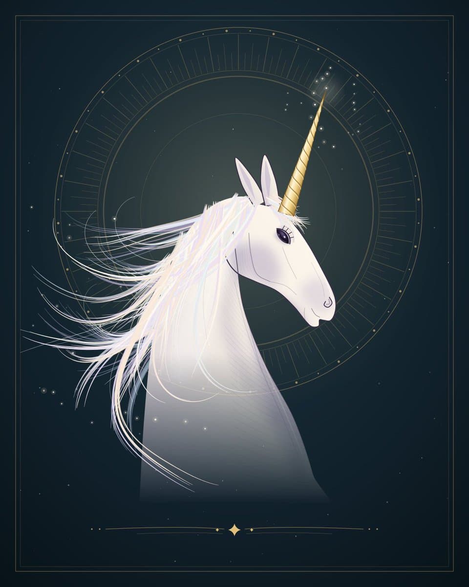 A digital illustration of a white unicorn's head and neck in profile, featuring a flowing mane and a golden horn, set against a dark background with a celestial ring design.