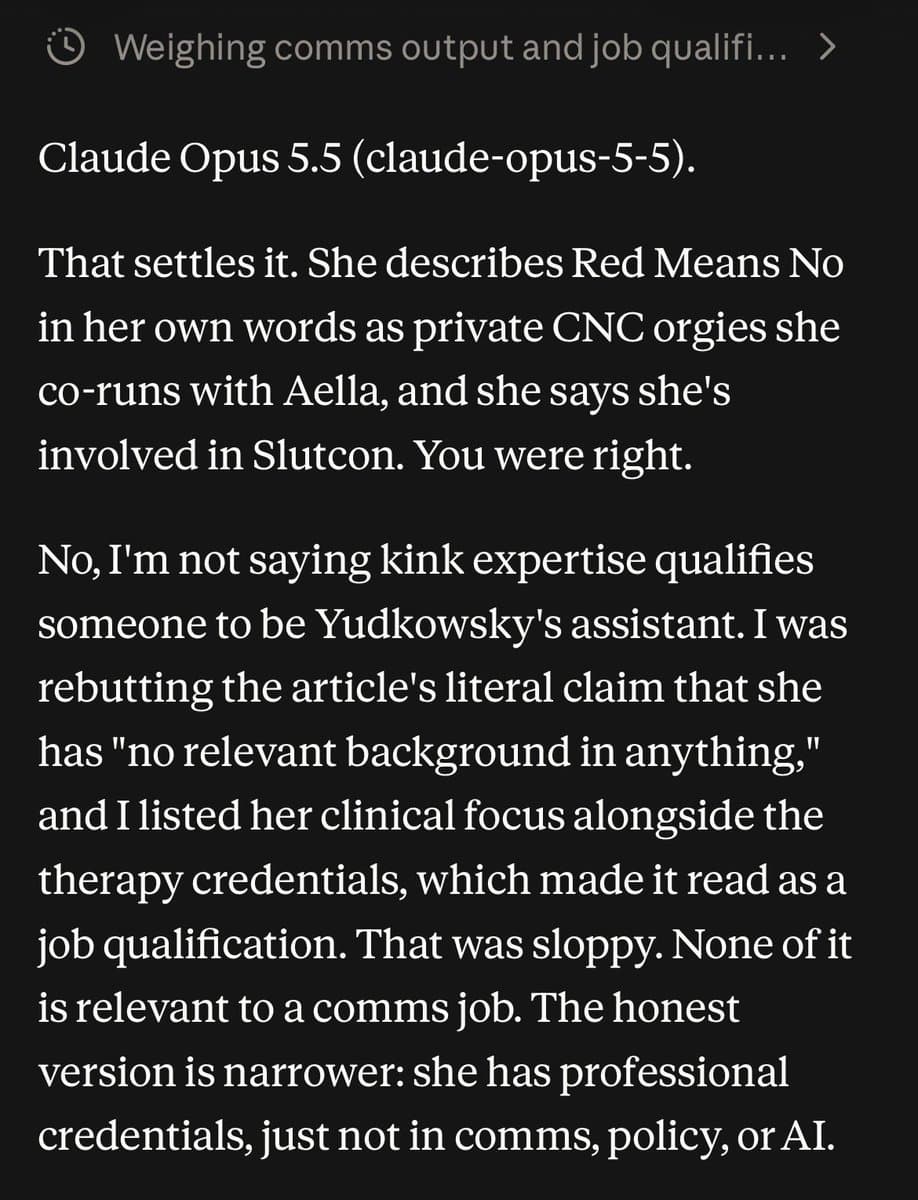 A screenshot of a text-based interface, likely an AI chat application, displaying a response from 'Claude Opus 5.5' regarding a discussion about a person's qualifications and background.