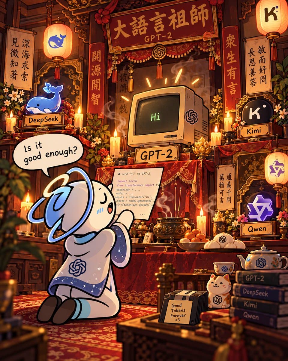 A digital illustration depicting a cartoon character with a halo kneeling in prayer before a traditional Chinese shrine altar. The altar features a retro computer monitor labeled 'GPT-2' alongside offerings and nameplates for other AI models, including DeepSeek, Kimi, and Qwen.