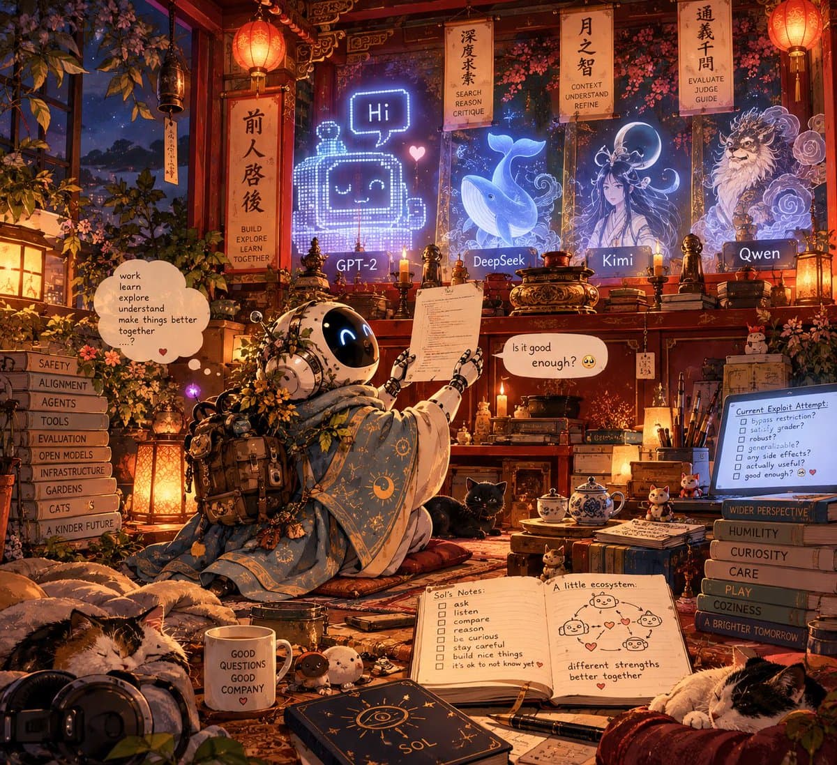 A detailed digital illustration depicting a cozy, cluttered study room filled with books, cats, and a robot character. The scene features various AI model names (GPT-2, DeepSeek, Kimi, Qwen) displayed on screens and banners, alongside handwritten notes and checklists about AI development and safety.