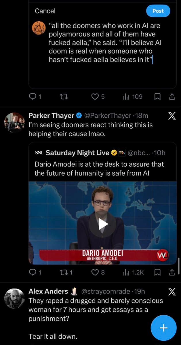 A screenshot of a Twitter timeline showing a thread of posts. The top post is a draft tweet about AI doomer stereotypes. Below it, a post by Parker Thayer quotes a tweet from Saturday Night Live about Dario Amodei, which includes a video thumbnail of Amodei at a news desk. A third post by Alex Anders is partially visible at the bottom.