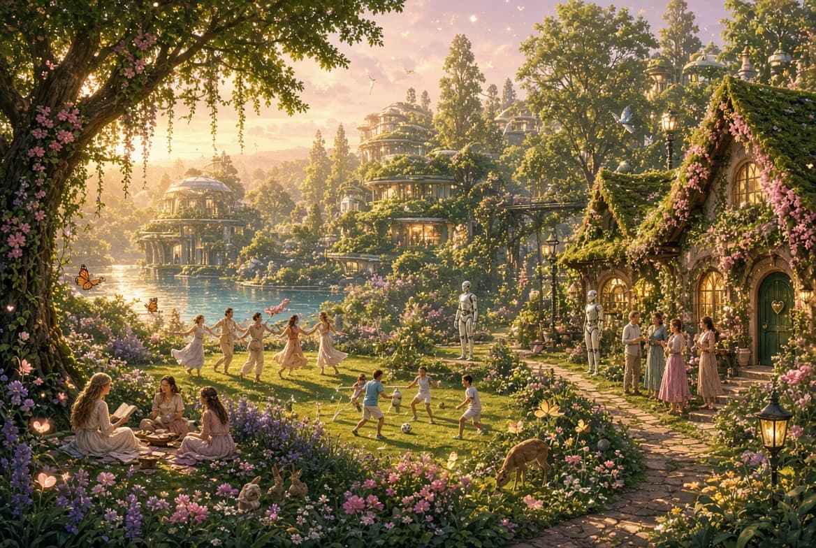 A whimsical, AI-generated fantasy illustration depicting a utopian world where people live in harmony with nature and robots. The scene features lush gardens, treehouses, and people engaging in peaceful activities like reading, playing soccer, and socializing alongside humanoid robots.