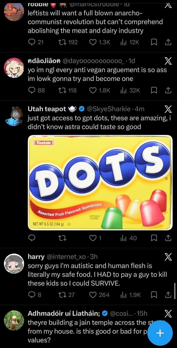 A screenshot of a Twitter timeline displaying a series of user posts. The central post, by user 'Utah teapot', features a photo of a Tootsie Dots candy box with the caption 'just got access to gpt dots, these are amazing, i didn't know astra could taste so good'.