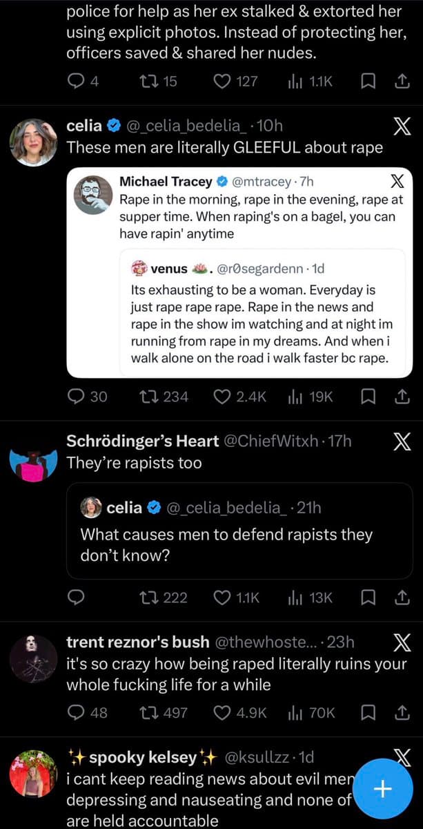 A screenshot of a Twitter feed displaying a thread of posts discussing the prevalence of rape and the public's reaction to it. The posts include quotes from various users expressing frustration and exhaustion with the topic.