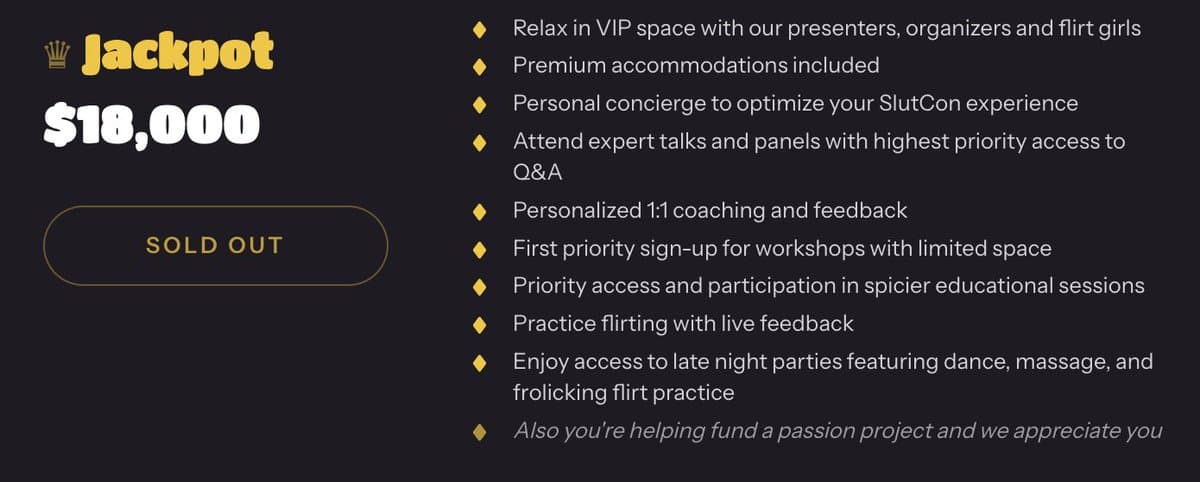 A screenshot of a website's pricing page displaying the details for a premium tier. The image features a dark background with a list of benefits on the right and the tier's name, price, and availability status on the left.