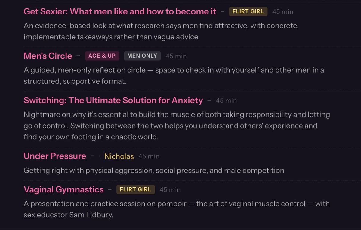 A screenshot of a website's workshop listing page, showing a list of five 45-minute sessions with their titles, tags, and descriptions. The text is displayed in white and pink on a dark background.